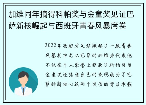 加维同年摘得科帕奖与金童奖见证巴萨新核崛起与西班牙青春风暴席卷 加维同年摘得科帕奖与金童奖见证巴萨新核崛起与西班牙青春风暴席卷